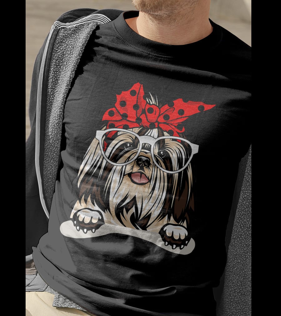 Shih Tzu Christmas Red Plaid Headband Glasses T-Shirt