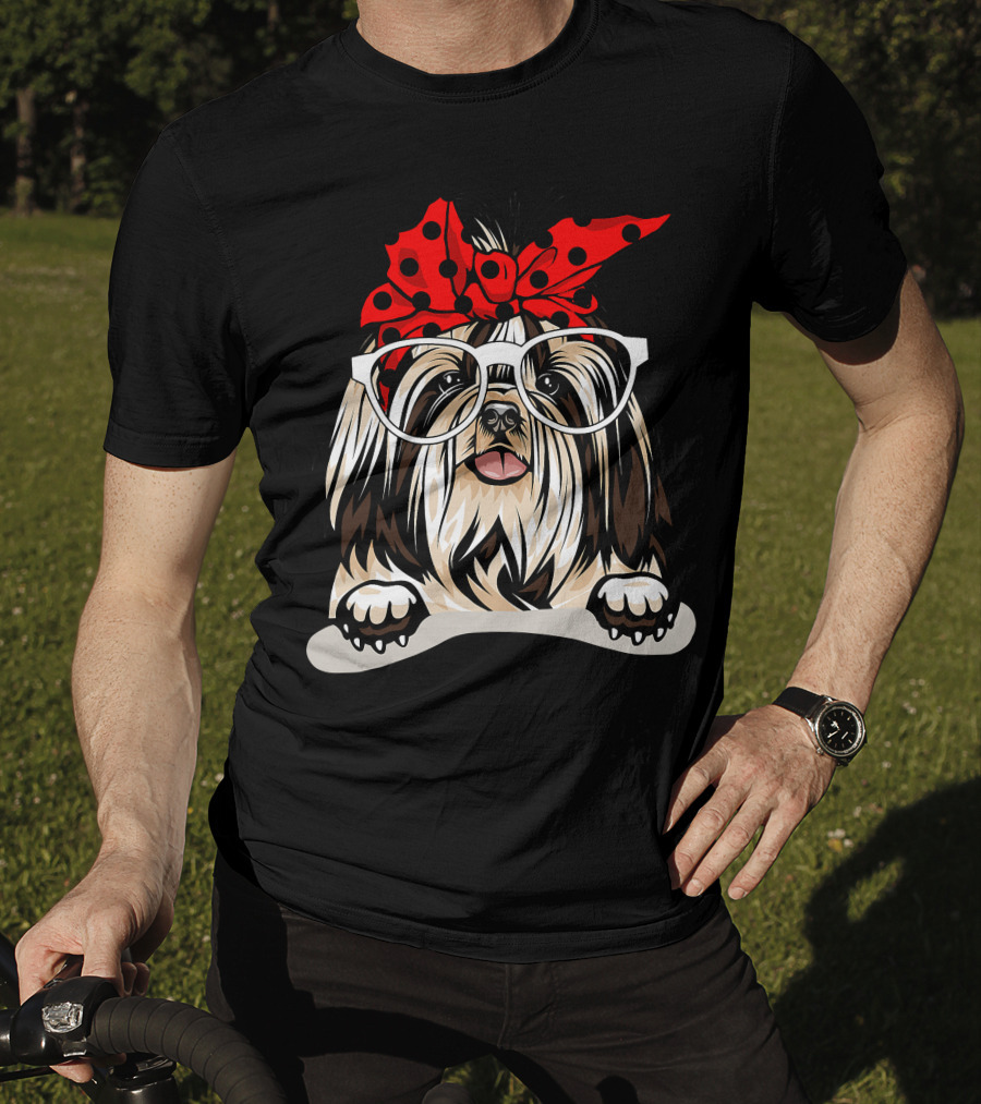 Shih Tzu Christmas Red Plaid Headband Glasses T-Shirt