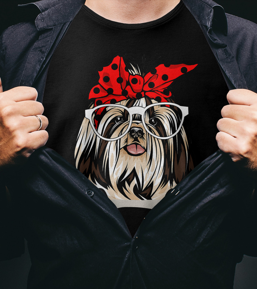Shih Tzu Christmas Red Plaid Headband Glasses T-Shirt