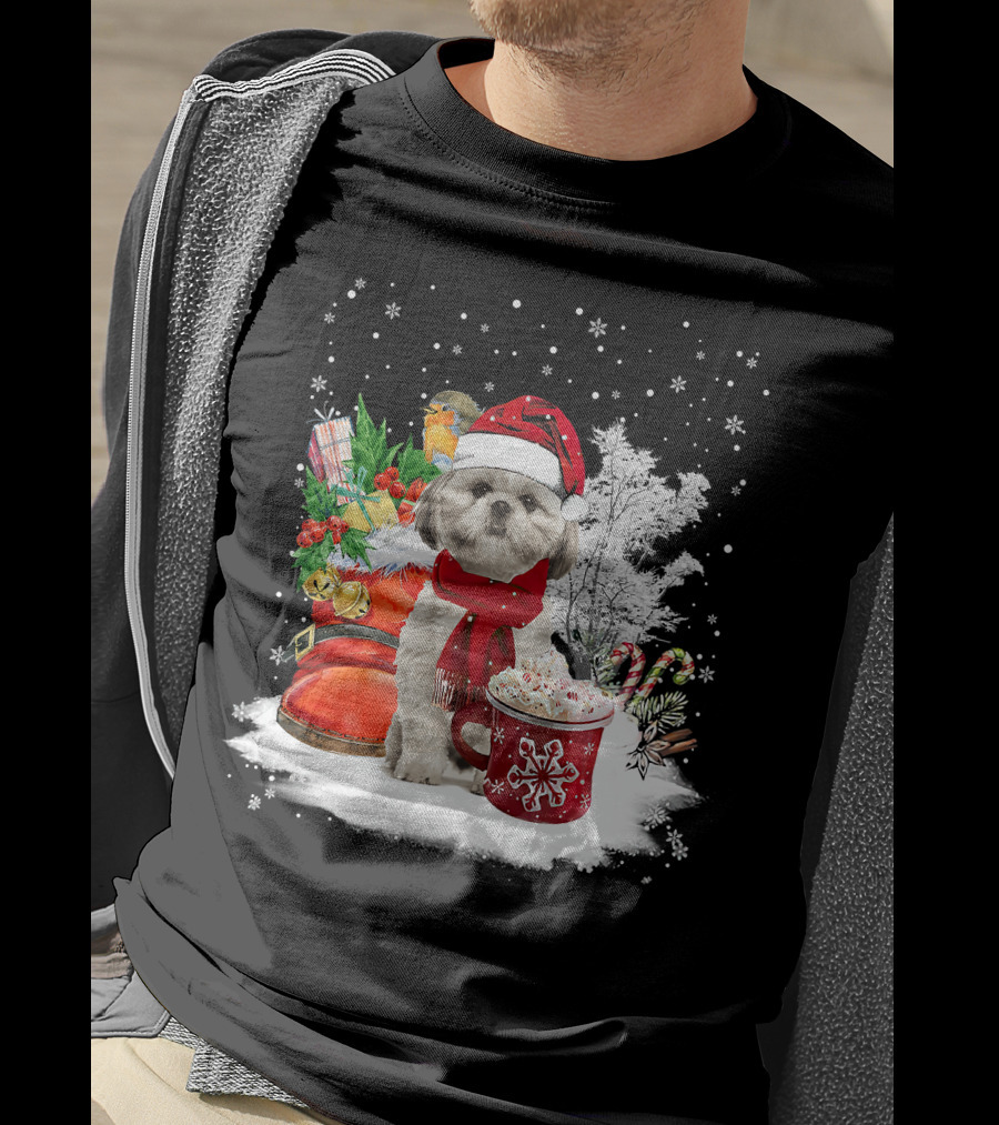 Shih Tzu Dog Santa Hat Hot Cocoa Christmas Scene T-Shirt