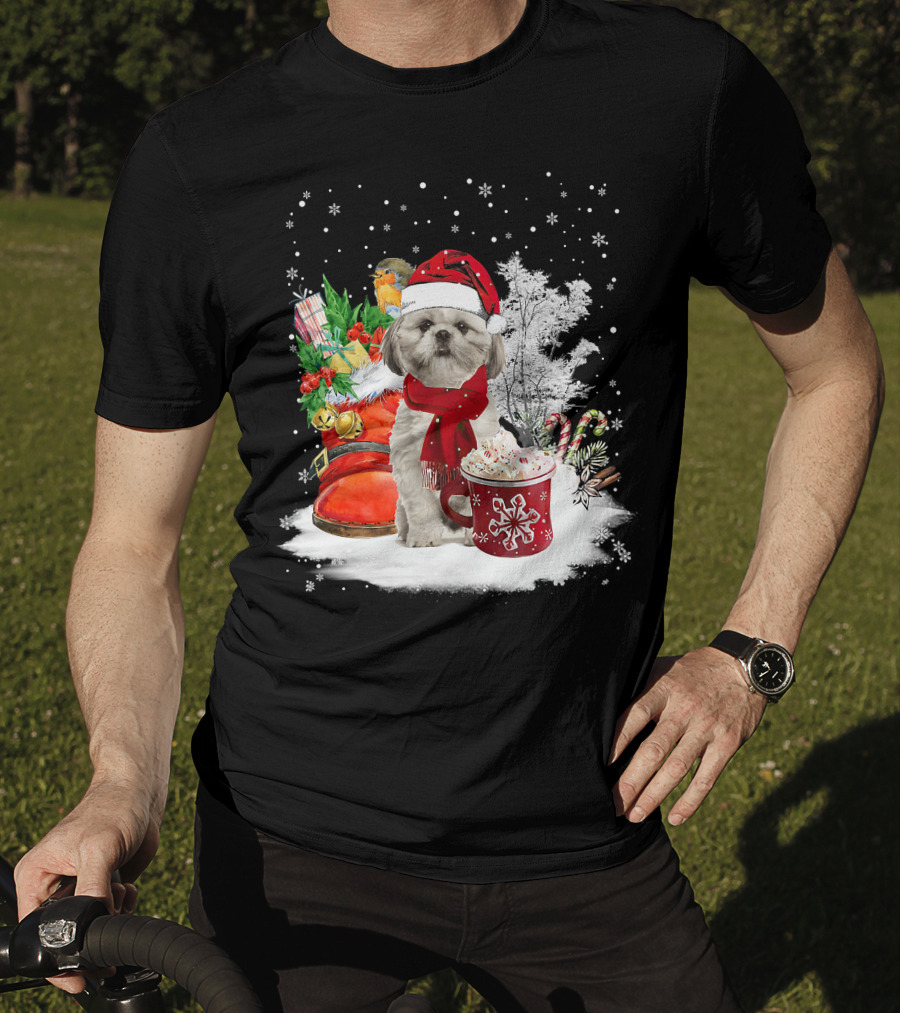 Shih Tzu Dog Santa Hat Hot Cocoa Christmas Scene T-Shirt