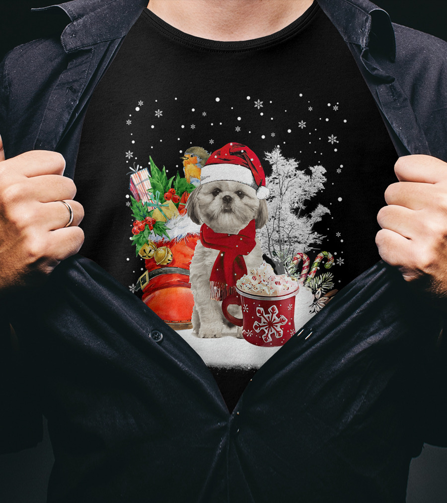 Shih Tzu Dog Santa Hat Hot Cocoa Christmas Scene T-Shirt