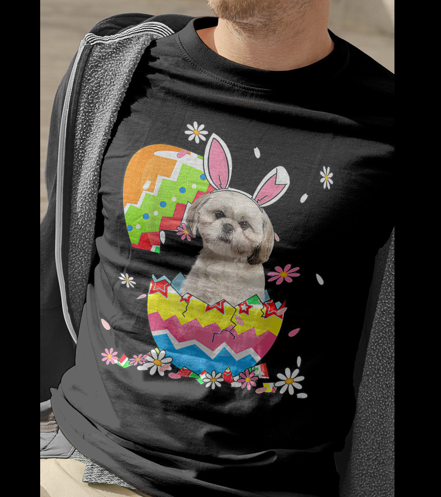 Shih Tzu Dog In Colorful Easter Egg With Bunny Ears And Flowers T-Shirt