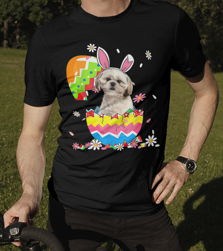 Shih Tzu Dog In Colorful Easter Egg With Bunny Ears And Flowers T-Shirt