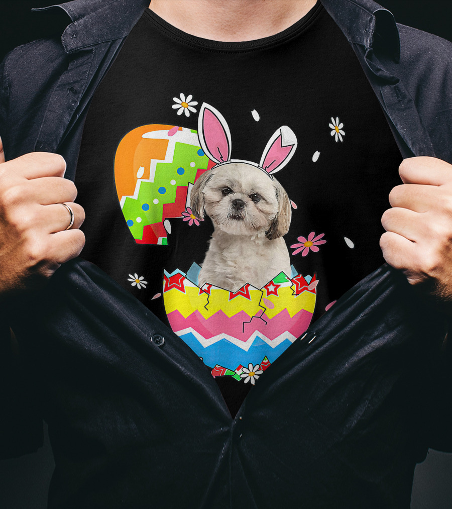 Shih Tzu Dog In Colorful Easter Egg With Bunny Ears And Flowers T-Shirt