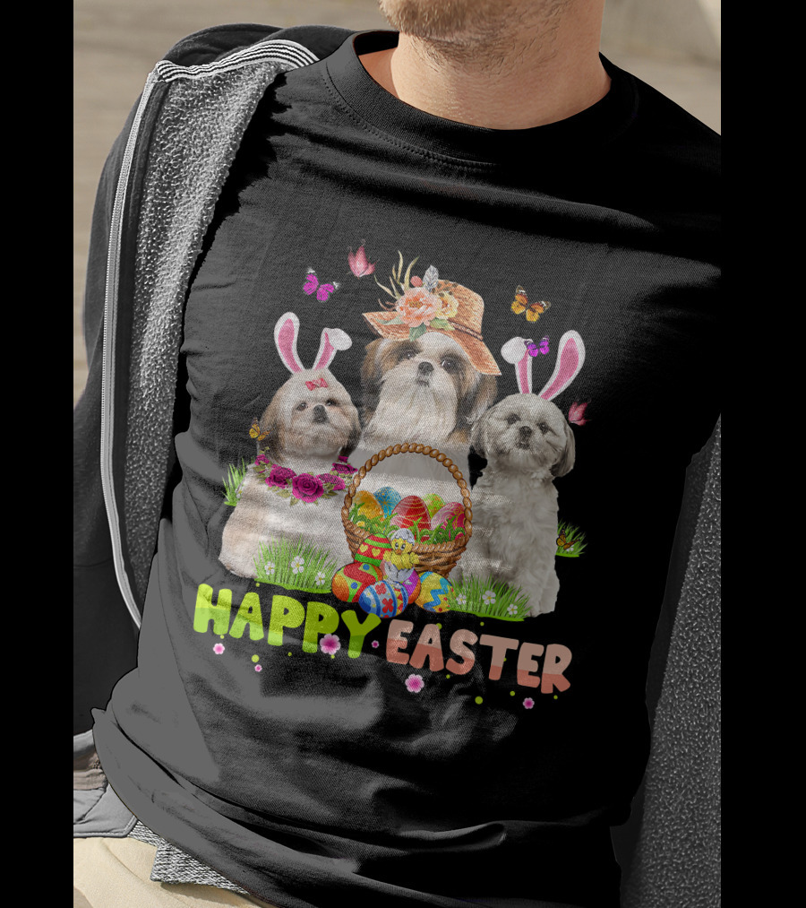Happy Easter Shih Tzu Bunny Ears Basket Eggs Butterflies Flowers T-Shirt