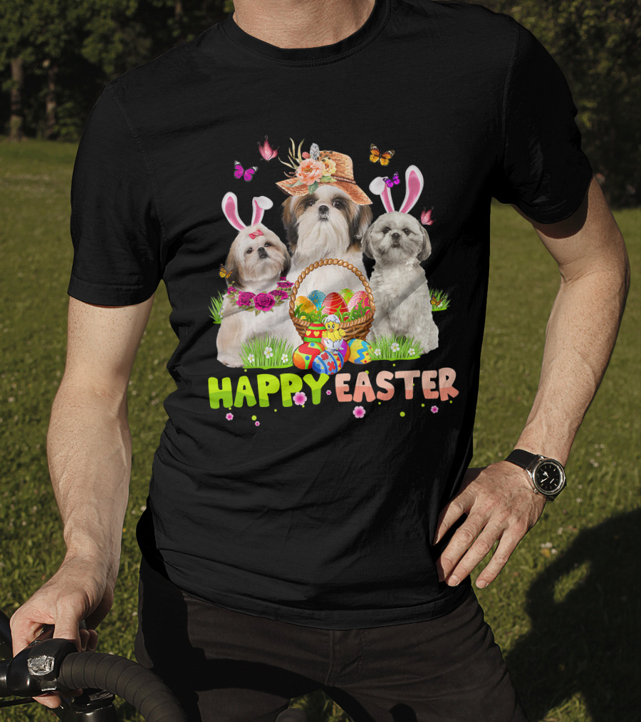 Happy Easter Shih Tzu Bunny Ears Basket Eggs Butterflies Flowers T-Shirt