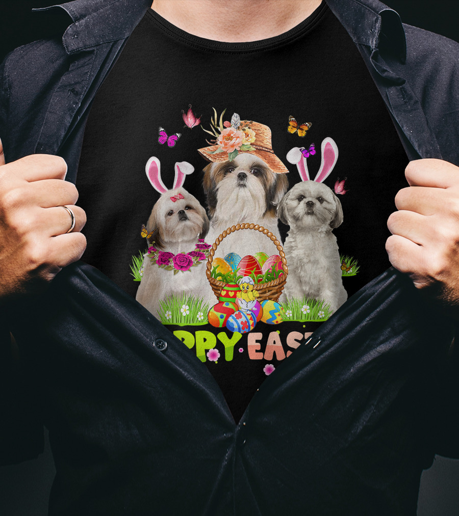 Happy Easter Shih Tzu Bunny Ears Basket Eggs Butterflies Flowers T-Shirt