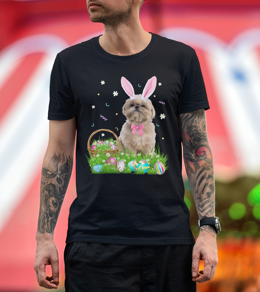 Shih Tzu Easter Day Bunny Ears and Colorful Eggs Easter98 T-Shirt