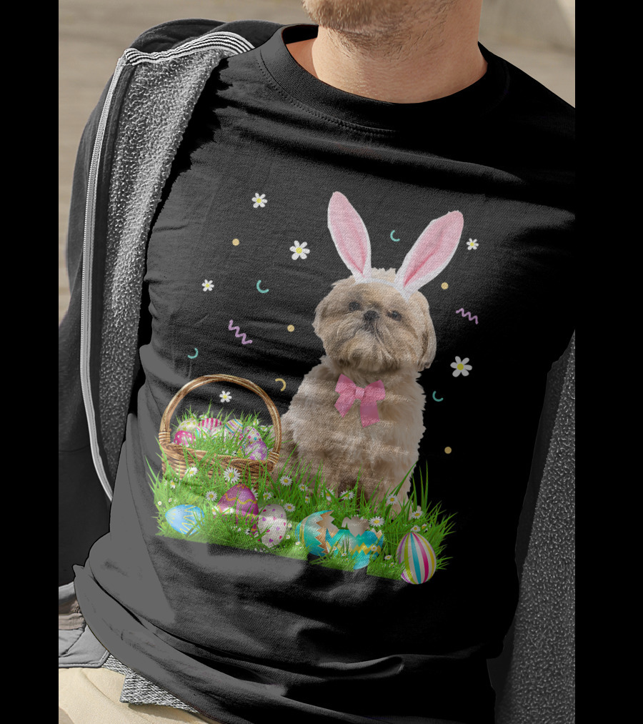 Shih Tzu Easter Day Bunny Ears And Colorful Eggs Easter98 T-Shirt