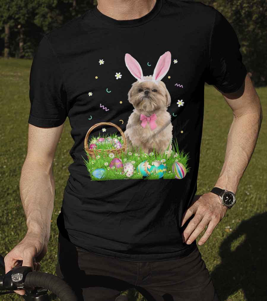 Shih Tzu Easter Day Bunny Ears And Colorful Eggs Easter98 T-Shirt