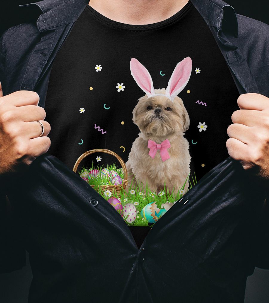 Shih Tzu Easter Day Bunny Ears And Colorful Eggs Easter98 T-Shirt