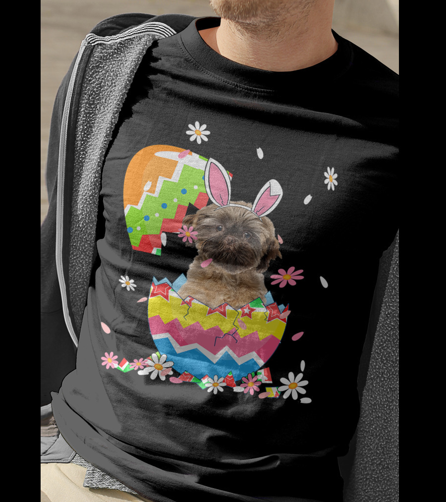 Cute Shih Tzu Easter Day Dog Dad Dog Mom With Bunny Ears And Colorful Egg T-Shirt