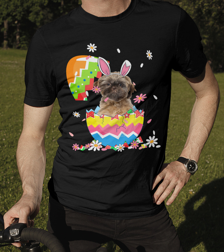 Cute Shih Tzu Easter Day Dog Dad Dog Mom With Bunny Ears And Colorful Egg T-Shirt