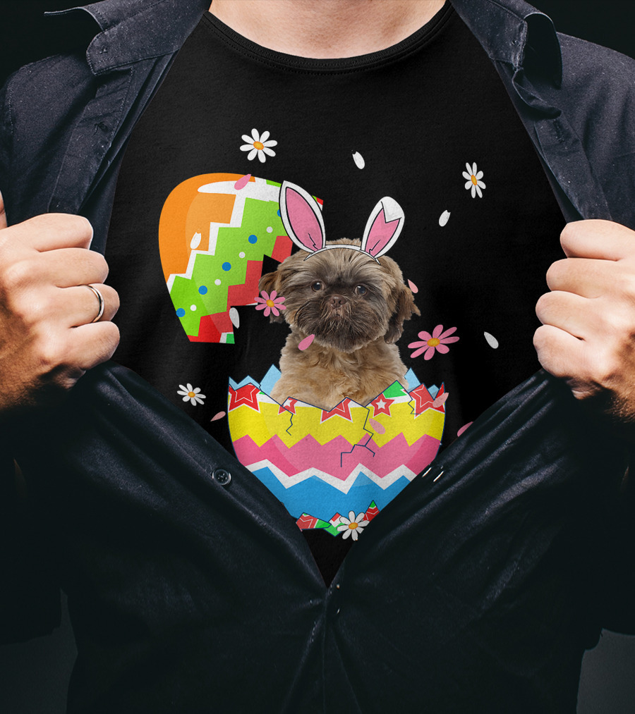 Cute Shih Tzu Easter Day Dog Dad Dog Mom With Bunny Ears And Colorful Egg T-Shirt