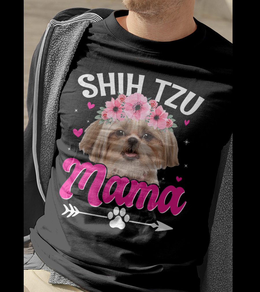 Shih Tzu Mama With Flower Crown Hearts T-Shirt