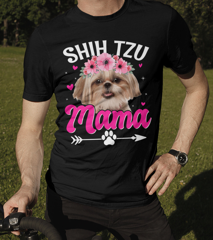 Shih Tzu Mama With Flower Crown Hearts T-Shirt