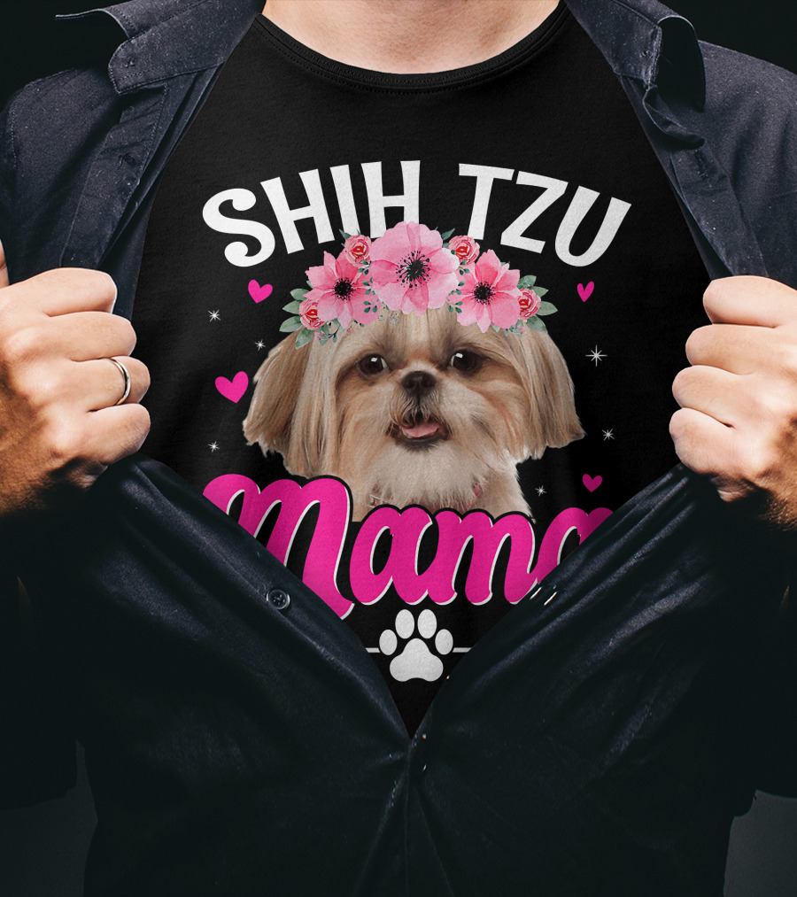 Shih Tzu Mama With Flower Crown Hearts T-Shirt