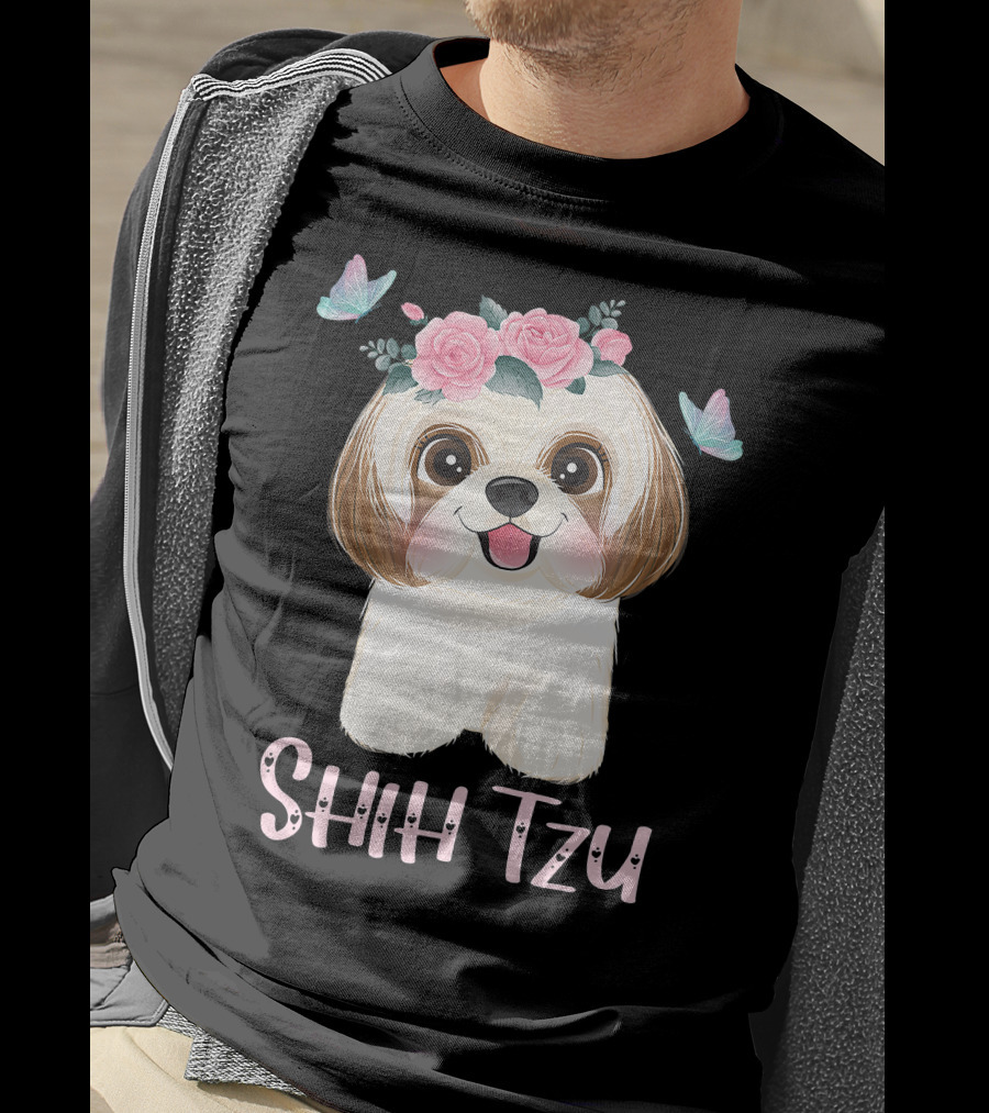 Cute Shih Tzu Mom Dad Mens Dog Lover Ladies Shih Tzu Roses Butterflies T-Shirt