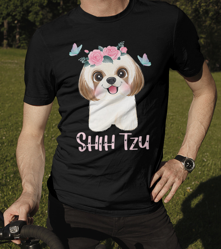 Cute Shih Tzu Mom Dad Mens Dog Lover Ladies Shih Tzu Roses Butterflies T-Shirt