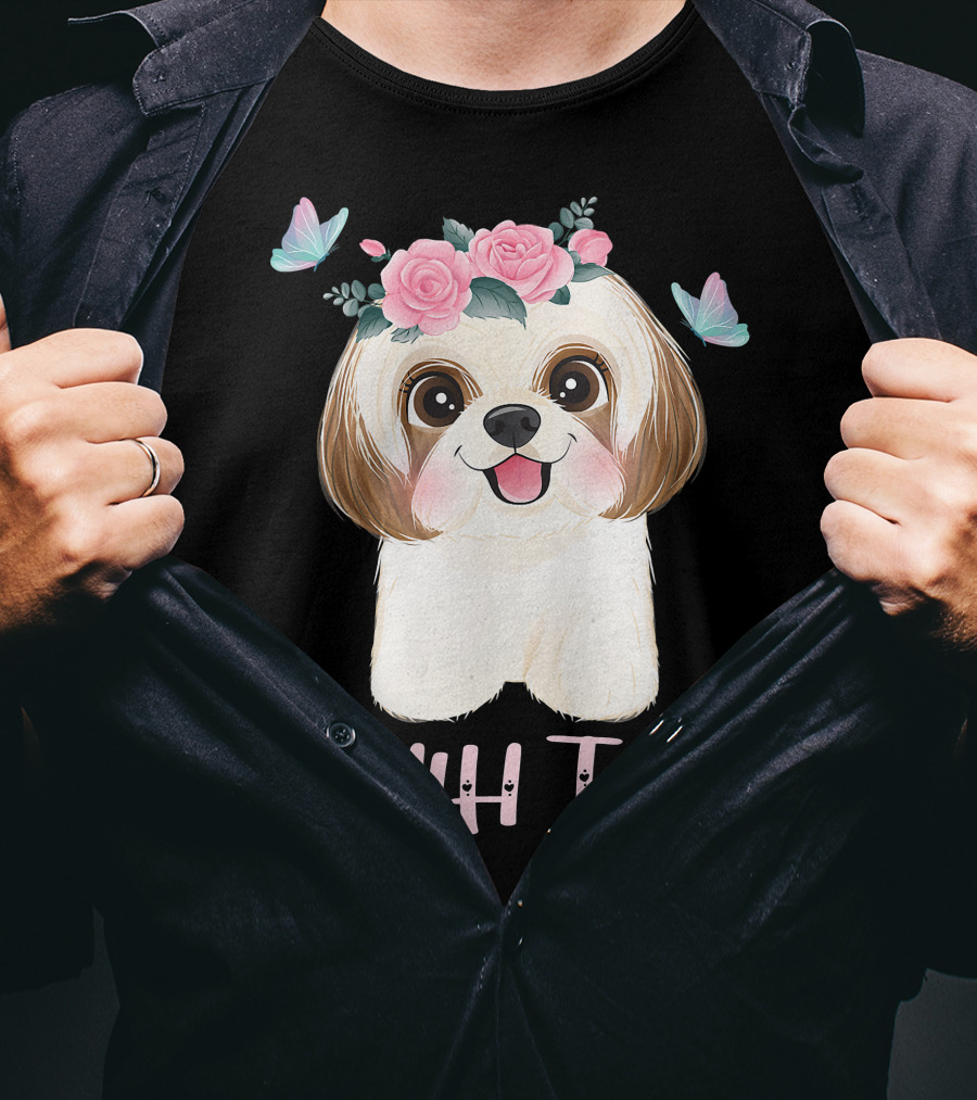 Cute Shih Tzu Mom Dad Mens Dog Lover Ladies Shih Tzu Roses Butterflies T-Shirt