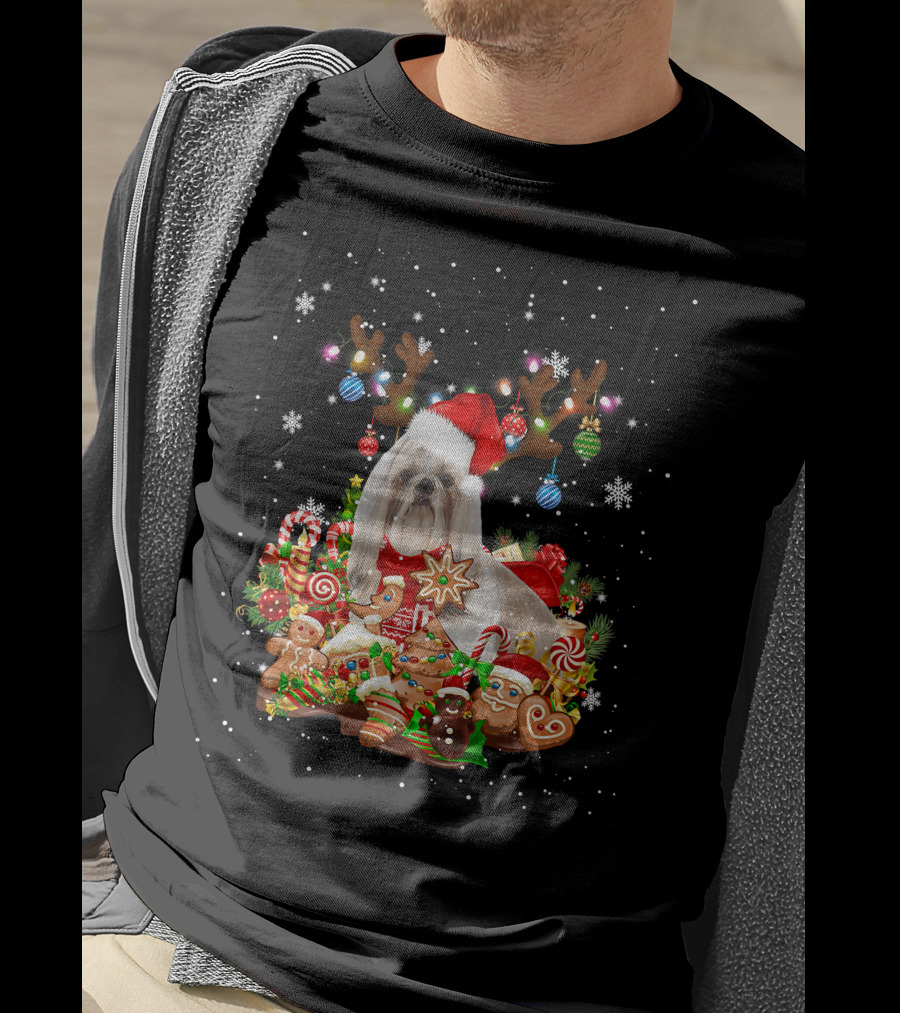 Cute Shih Tzu Reindeer Christmas Lighting Santa Xm Gingerbread Candy Cane Ornaments T-Shirt