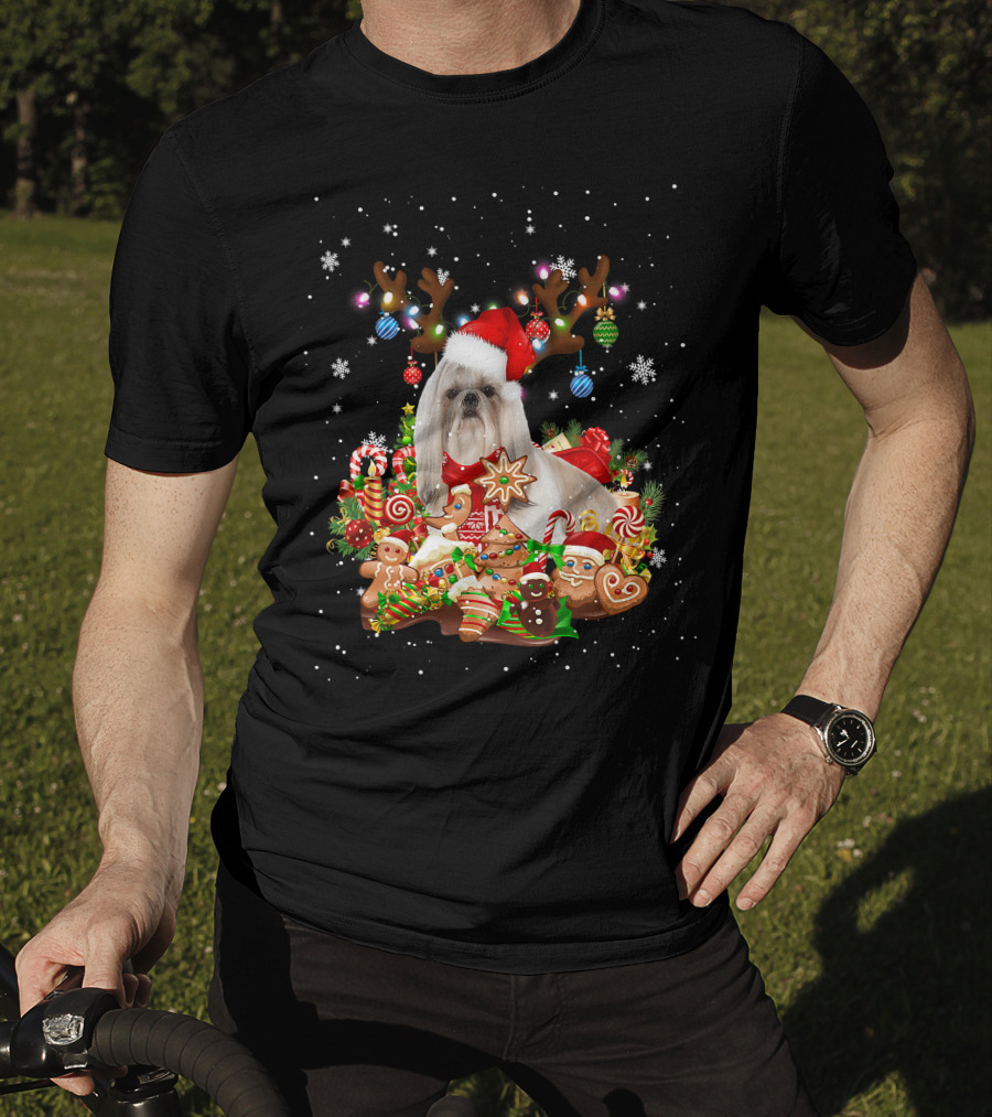Cute Shih Tzu Reindeer Christmas Lighting Santa Xm Gingerbread Candy Cane Ornaments T-Shirt