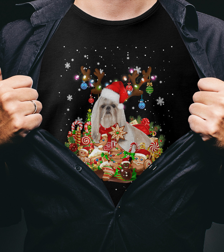 Cute Shih Tzu Reindeer Christmas Lighting Santa Xm Gingerbread Candy Cane Ornaments T-Shirt