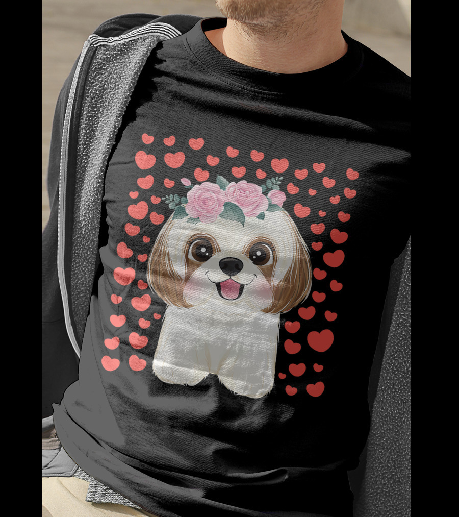 Cute Shih Tzu Valentine's Day Red Hearts Dog Flowers T-Shirt