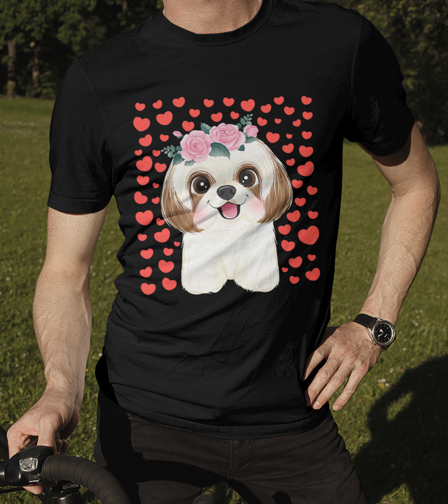 Cute Shih Tzu Valentine's Day Red Hearts Dog Flowers T-Shirt
