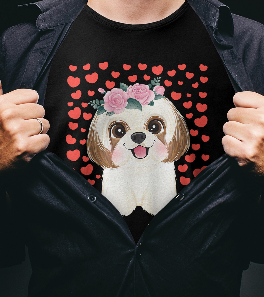 Cute Shih Tzu Valentine's Day Red Hearts Dog Flowers T-Shirt