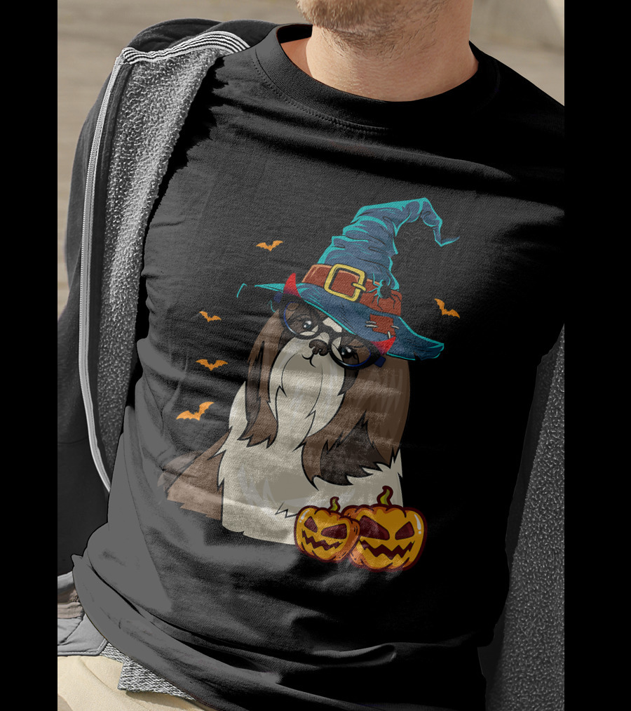 Cute Shih Tzu Glasses Witch Hat Halloween Pumpkins Bats T-Shirt