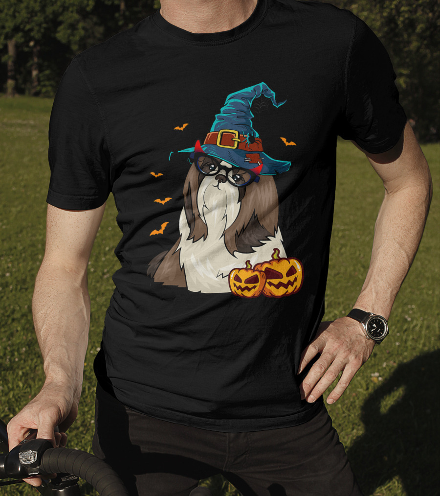 Cute Shih Tzu Glasses Witch Hat Halloween Pumpkins Bats T-Shirt