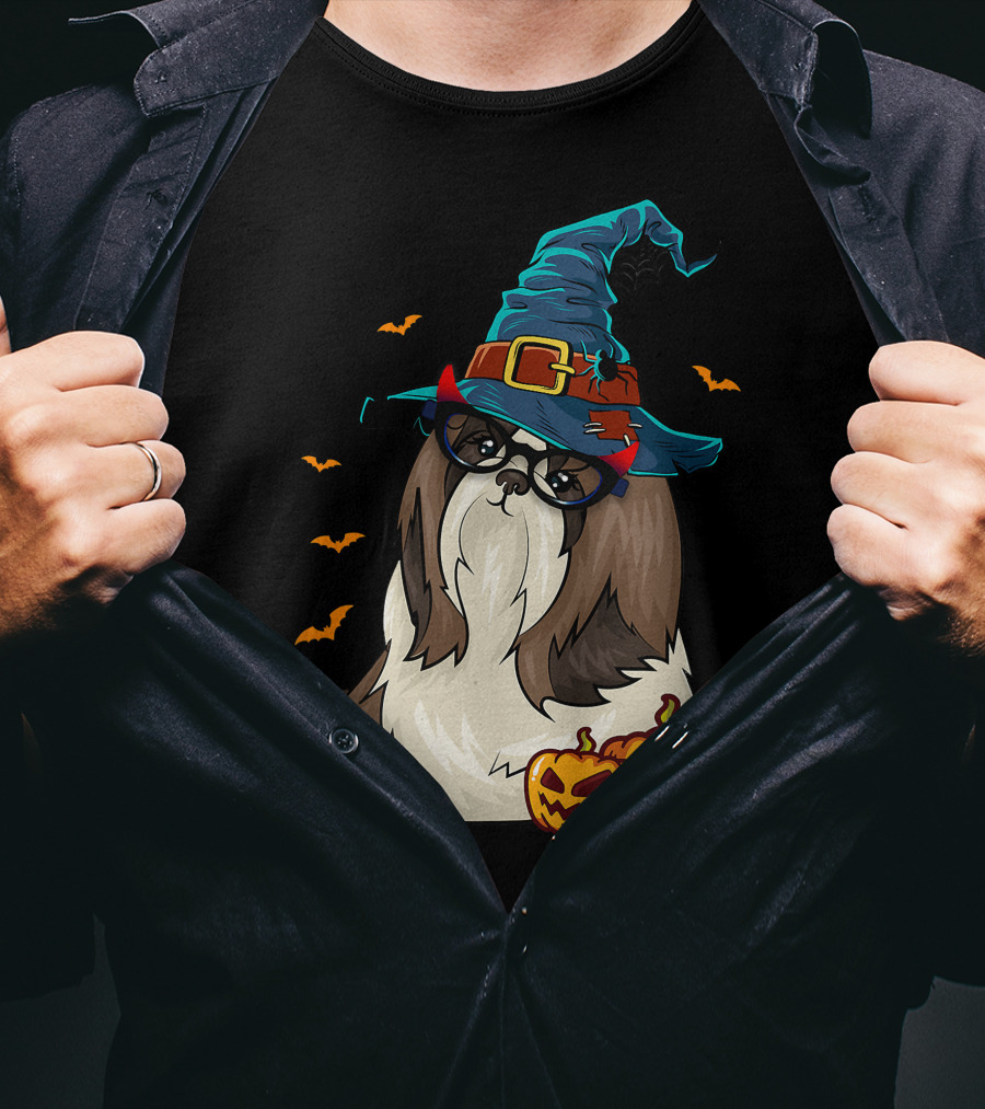 Cute Shih Tzu Glasses Witch Hat Halloween Pumpkins Bats T-Shirt