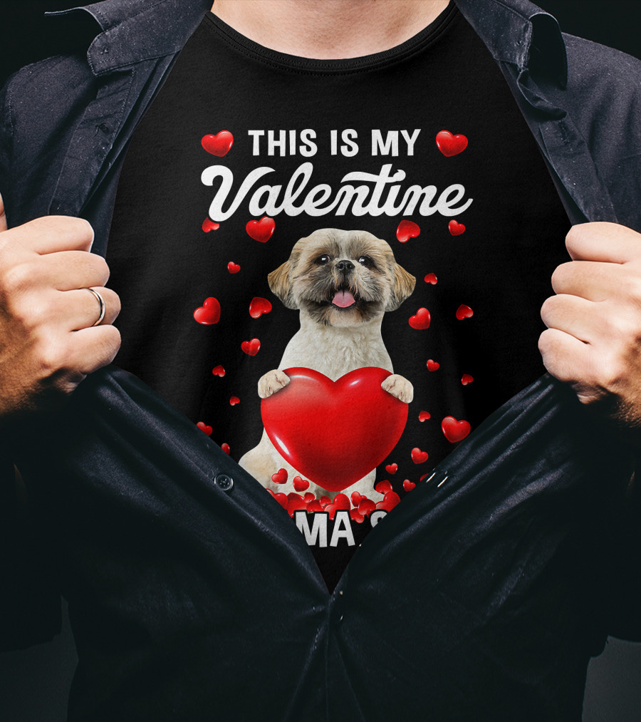 Cute This Is My Valentine Pajama Shih Tzu Dog Puppy With Hearts T-Shirt