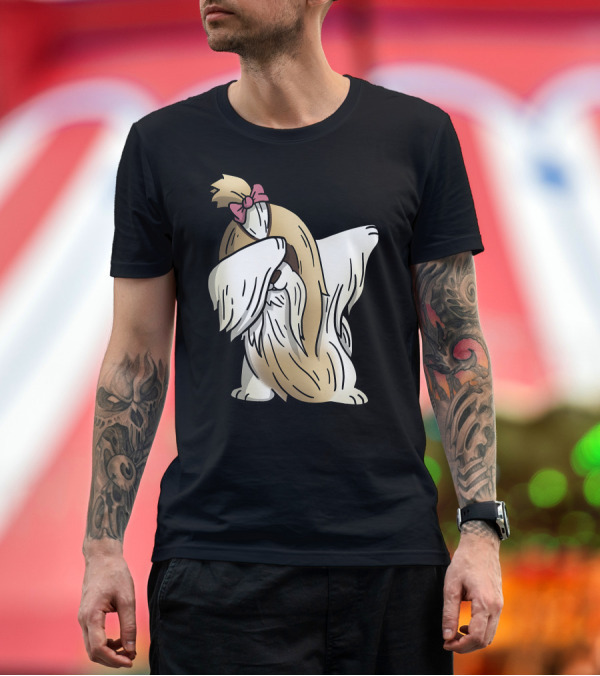 Premium T-Shirt: Dabbing Shih Tzu Dab Dance Long-Coated Dog with Bow T-Shirt Dabbing Shih Tzu Dab Dance Long-Coated Dog with Bow T-Shirt