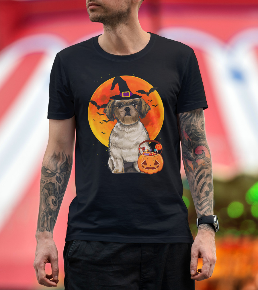 Shih Tzu Dog Halloween Jack O Lantern Pumpkin with Bats and Witch Hat T-Shirt