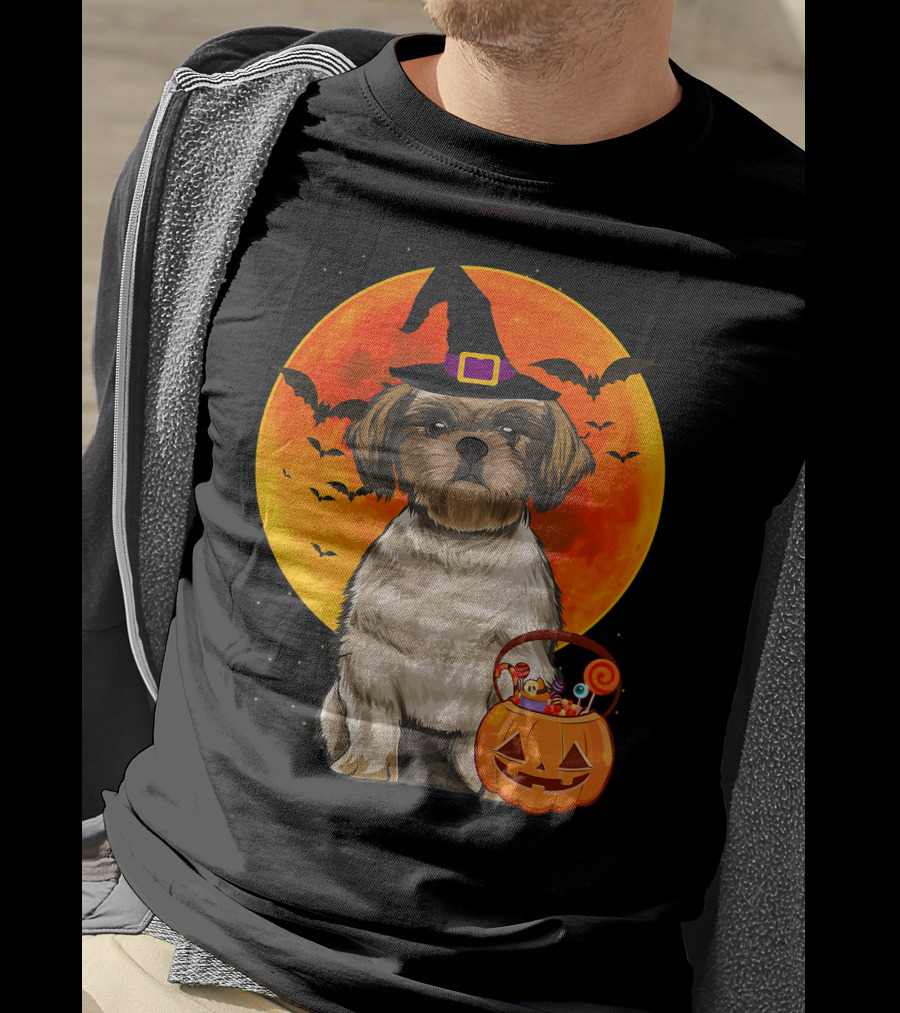 Shih Tzu Dog Halloween Jack O Lantern Pumpkin With Bats And Witch Hat T-Shirt