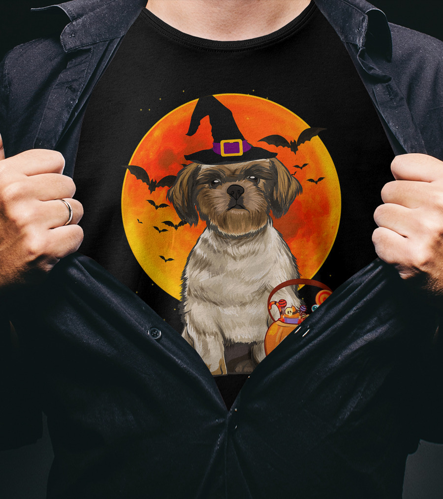 Shih Tzu Dog Halloween Jack O Lantern Pumpkin With Bats And Witch Hat T-Shirt
