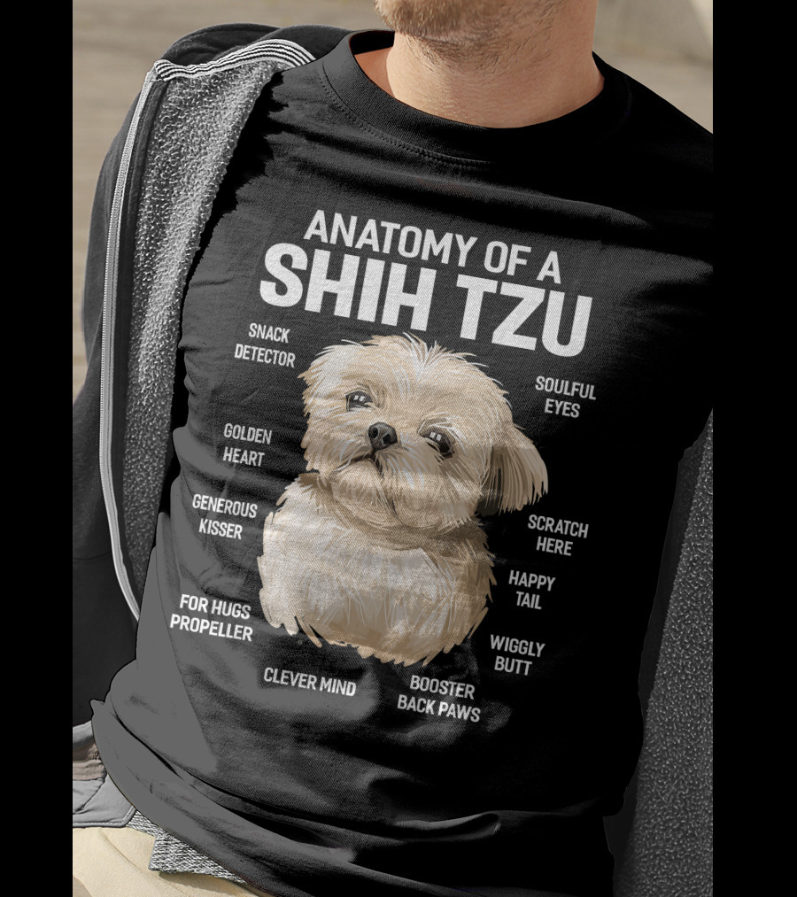Anatomy Of A Shih Tzu Dog 365 Fluff Button Snowball Feature Cuddle Zone Pillow Tail Black Button Sniffer Ears Pom Pom Paws Wookie Chewbacca Eyes T-Shirt