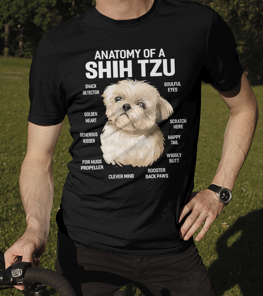 Anatomy Of A Shih Tzu Dog 365 Fluff Button Snowball Feature Cuddle Zone Pillow Tail Black Button Sniffer Ears Pom Pom Paws Wookie Chewbacca Eyes T-Shirt