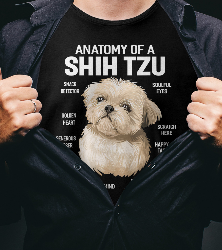 Anatomy Of A Shih Tzu Dog 365 Fluff Button Snowball Feature Cuddle Zone Pillow Tail Black Button Sniffer Ears Pom Pom Paws Wookie Chewbacca Eyes T-Shirt