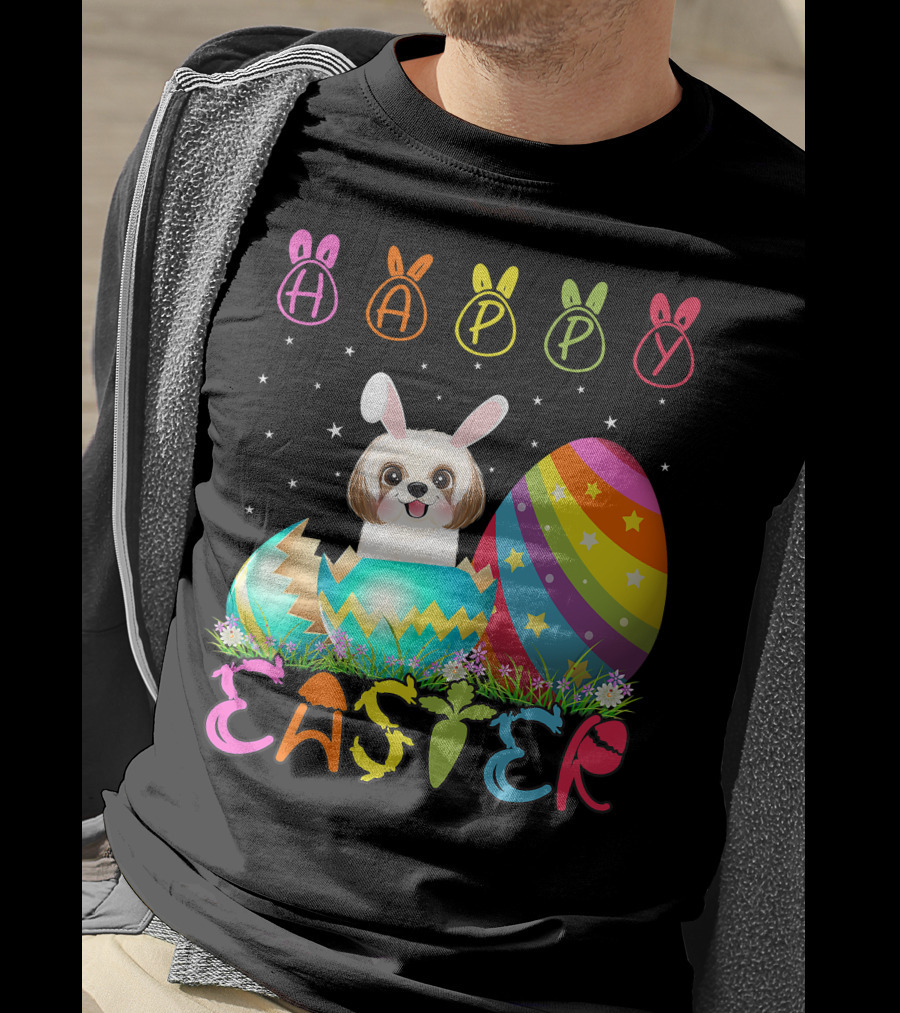 Happy Easter Day Shih Tzu Dog In Colorful Egg Matching T-Shirt