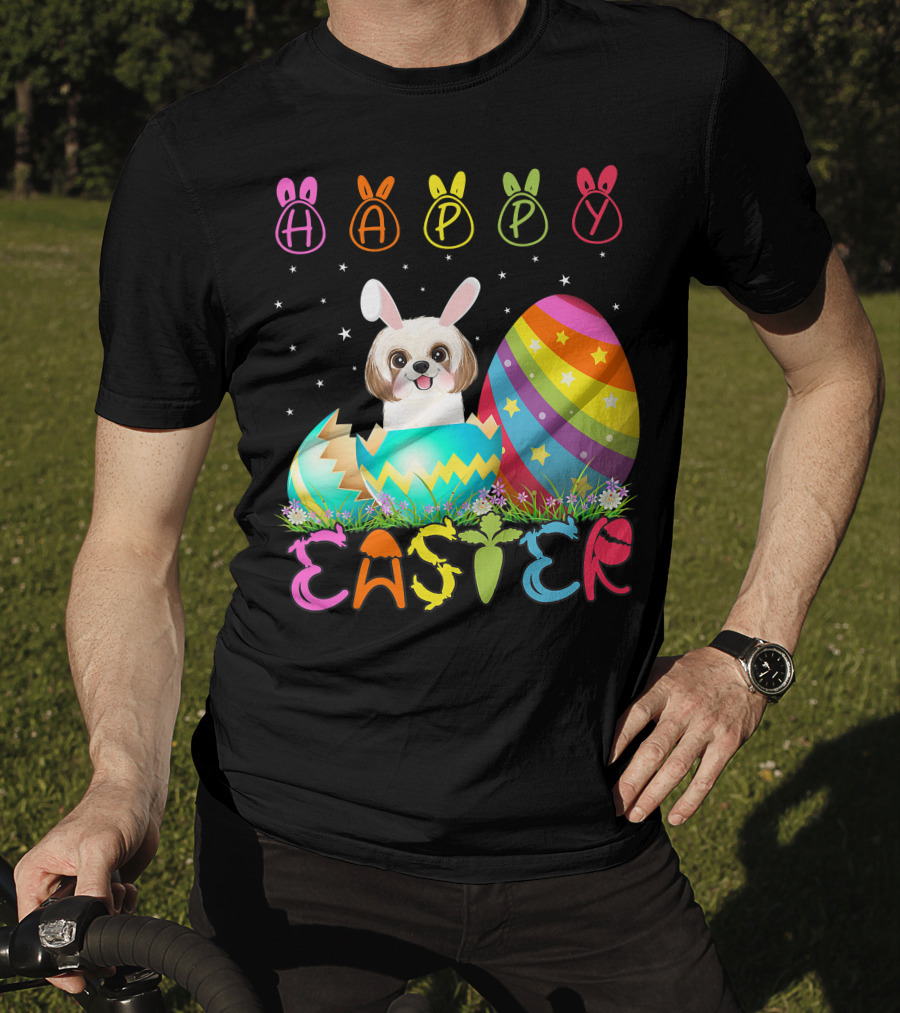 Happy Easter Day Shih Tzu Dog In Colorful Egg Matching T-Shirt