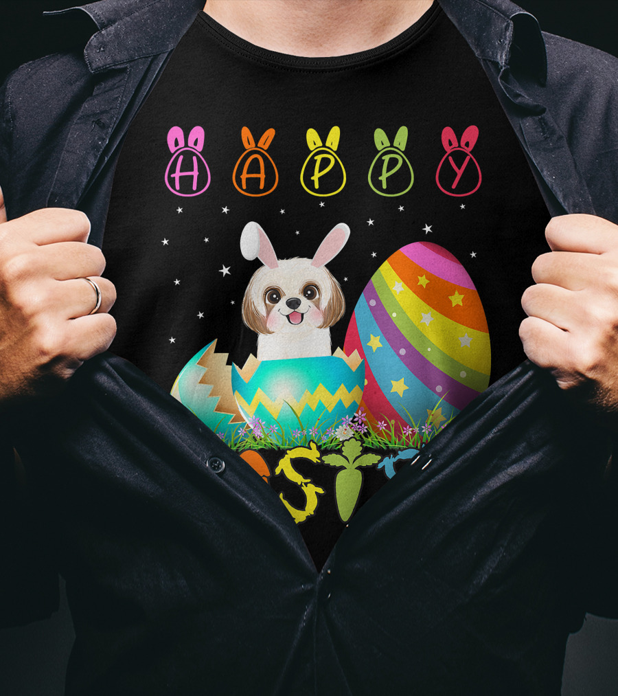 Happy Easter Day Shih Tzu Dog In Colorful Egg Matching T-Shirt