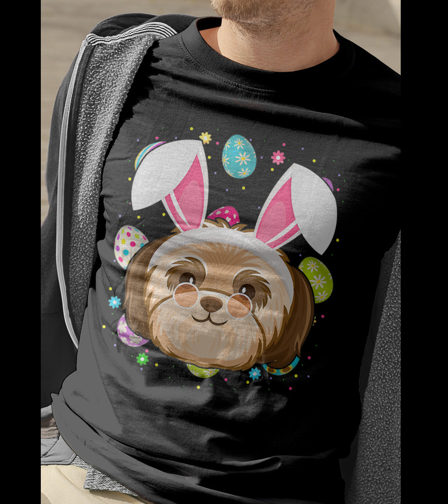 Easter Egg Lover Bunny Ear Shih Tzu Dog Face Easter T-Shirt