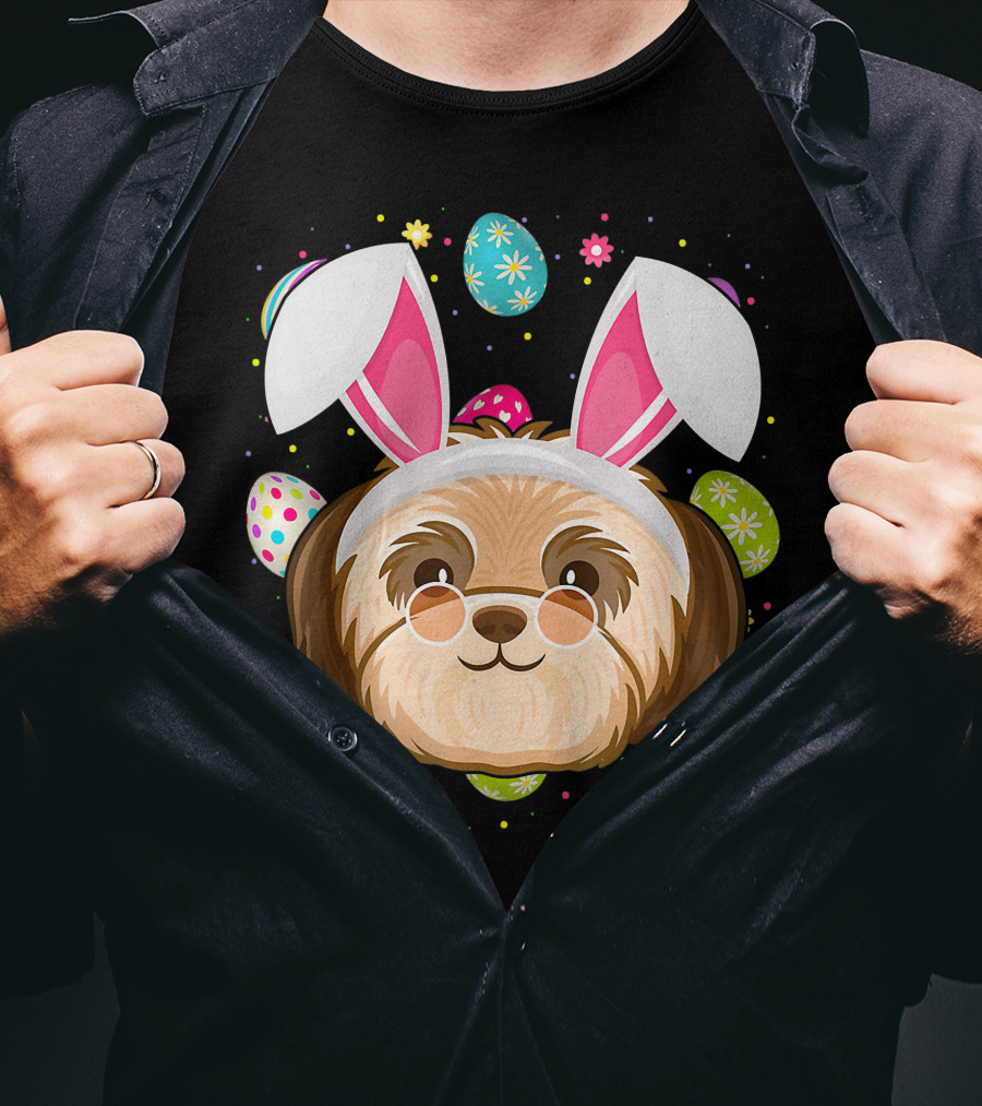 Easter Egg Lover Bunny Ear Shih Tzu Dog Face Easter T-Shirt