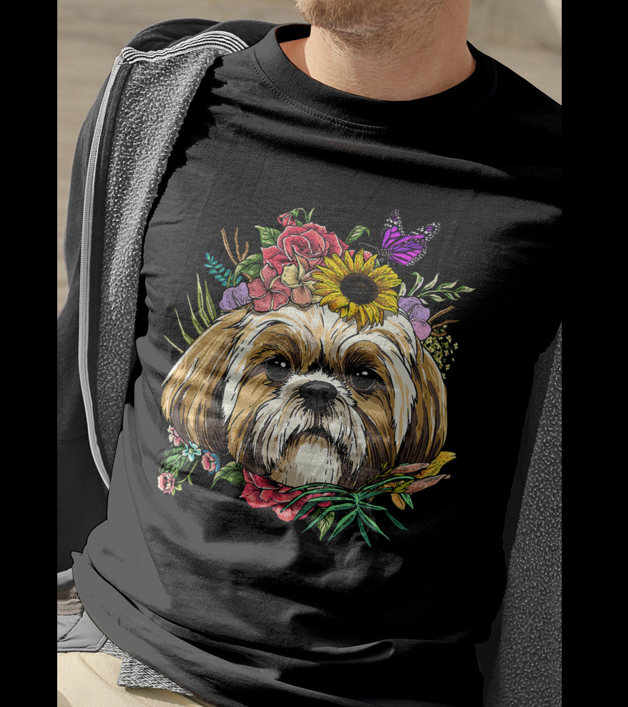 Floral Shih Tzu Dog With Butterfly And Spring Flowers For Nature And Shih Tzu Lovers T-Shirt