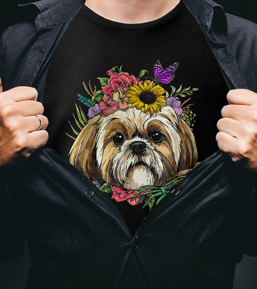 Floral Shih Tzu Dog With Butterfly And Spring Flowers For Nature And Shih Tzu Lovers T-Shirt
