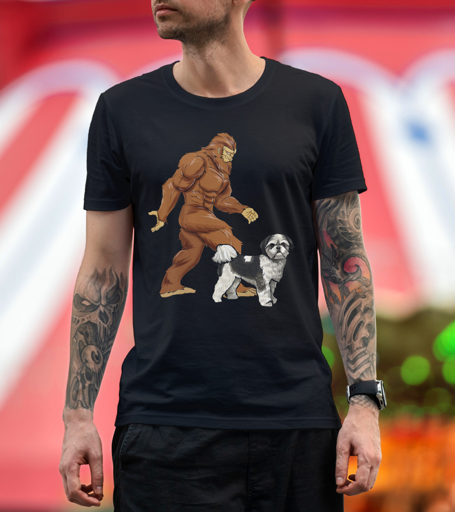 Funny Bigfoot Walking Shih Tzu Sasquatch Dog Comic T-Shirt